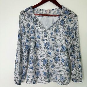 Rebecca Taylor Silk Blend Oxford Blue & White Esmee Fleur Clip Top Blouse Size 6